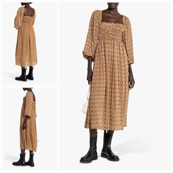 O.P.T. Savannah Square Neck Puff Sleeve Ditsy Floral Midi Peasant Dress Sz. L - Picture 1 of 6